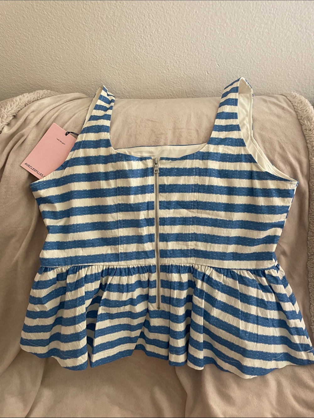 Avec Les Filles Blue and White Striped Peplum Top - Picture 3 of 9